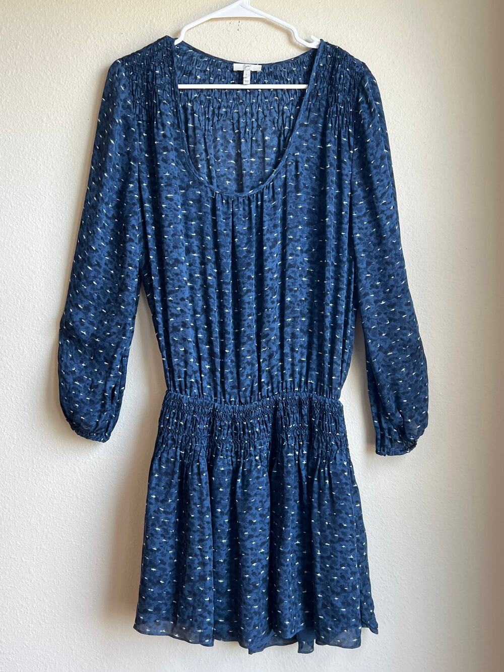 Joie Bain Silk Smocked Drop Waist Mini Dress Long Sleeve Bird Print Size L